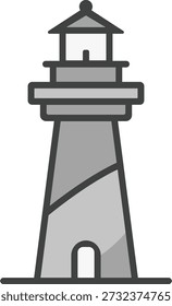 Simple lighthouse illustration in gray tones with stacked tiers and a small top roof