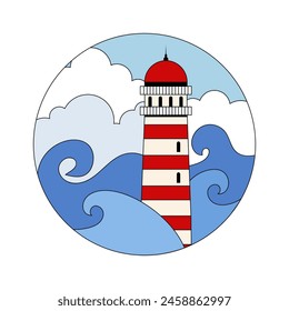 Simple lighthouse print. Red and white lighthouse among waves of sea. Marine emblem. Navigation.  Icon vector symbol