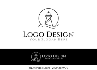 einfache Leuchtturm und Sonne Logo Design Vektor mit Linie Stil