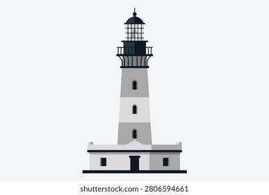 Simple lighthouse tower vector art standing on a square base with a classic maritime beacon design on white background.