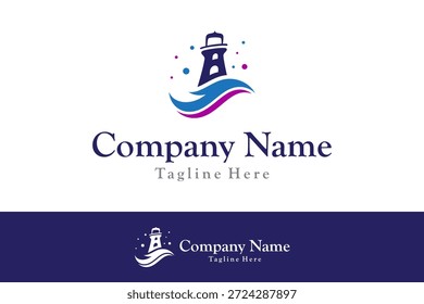einfacher Leuchtturm und Welle Logo Design Vektor mit flachem Stil