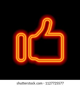 Simple like icon. Social symbol. Orange neon style on black background. Light icon