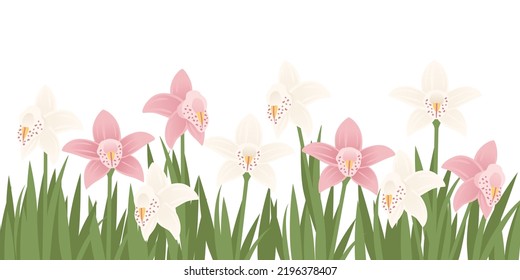 Simple lily flowers bed with green grass and leaves vector illustration on white background