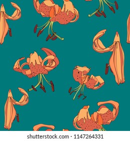 Simple lily flowers seamless pattern. Bright colors. Cartoom style illustration.