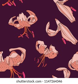 Simple lily flowers seamless pattern. Bright colors. Vintage motives. 