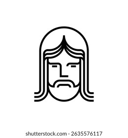 simple line of adult male face with long hair and beard logo vector