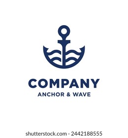 Ancla de línea simple con el símbolo de la onda para el vector del diseño del logotipo náutico de la marina marina del barco