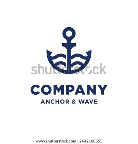 Simple Line Anchor With Wave Symbol for Boat Ship Marine Navy Nautical logo design vector