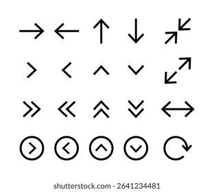 Simple line arrow icon set. Vector thin line arrows. Minimalist black vector arrows for navigation, direction, and UI design. 
