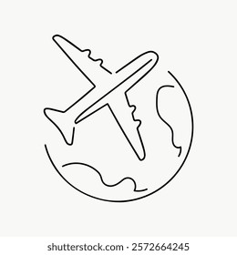 Simple line art of an airplane flying over a globe. Minimalist design with a focus on travel and aviation. Perfect for travel-themed projects. Simple black line art doodle vector.