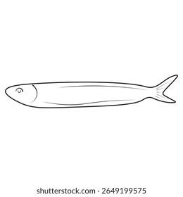 Simple line art of an anchovy fish, ideal for seafood menus, marine biology visuals, educational charts, fishing guides, or culinary illustrations in vector style.