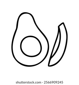 Simple line art of an avocado half and a slice. Perfect for healthy food projects, nutrition designs, and coloring pages. Ideal for promoting organic eating, vegan diets, and tropical fruit themes