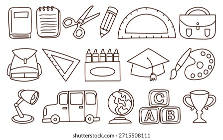 Conjunto de iconos de regreso a la escuela con contornos dibujados a mano limpios de Elementos escolares y educativos. Perfecto para el aprendizaje y el uso del diseño