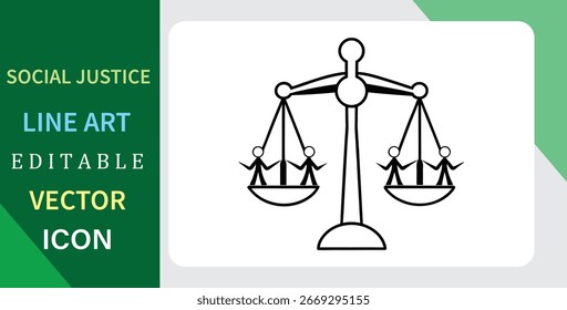 Simple arte lineal de una balanza con las personas. Un concepto de justicia social, derechos humanos e igualdad. Vector editable.