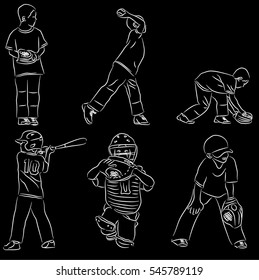 Simple Line Art Of Baseball Positions Pitching, Hitting, Catching And Fielding Vector Illustration Line Art Doodle On Black Background.  