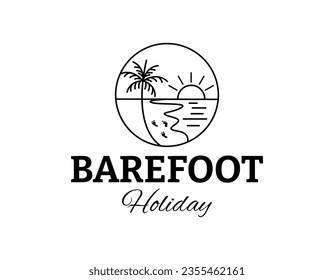 Simple Line Art Beach With Foot Print Vacation Logo Design Template