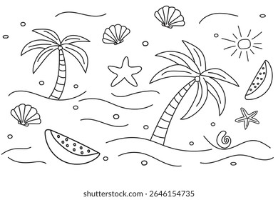 Simple line art beach scene with palm trees seashells starfish and watermelon slices