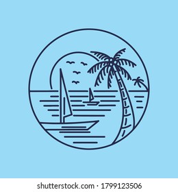 Simple line art beach view vector badge