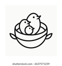 Simple Line Art Bird Nest with Two Small Birds Inside