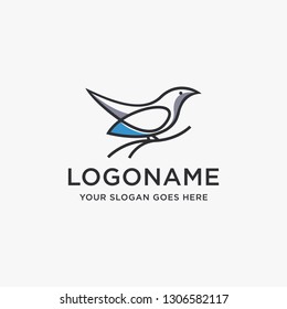 Simple line art bird on branch logo icon vector template on white background