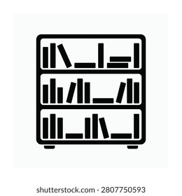 Simple line art of a black bookshelf filled with books on three shelves