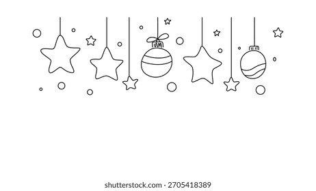 Uma simples borda de arte de linha apresentando pendurado bugigangas de Natal e estrelas com pequenos pontos, isolados em um fundo branco. Perfeito para projetos de férias e modelos.