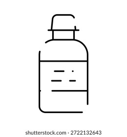 Icono de botella de arte lineal simple que representa un medicamento, jarabe o recipiente químico con una tapa y etiqueta, ideal para temas de salud, médicos o de laboratorio