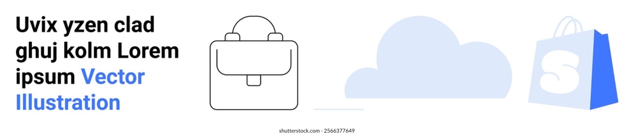 Simple line art briefcase, blue cloud, and shopping bag on white background. Ideal for business solutions, digital services, online shopping, e-commerce, and cloud technology. Landing page