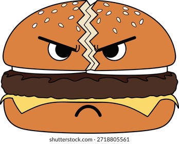 Simple arte de línea de hamburguesa rota. Ilustración de dibujos animados de comida dividida enojada. Vector sandwich angustiado minimalista.