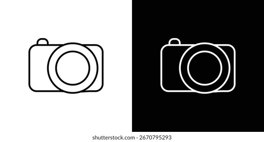 Icono de cámara de arte lineal simple que se muestra en fondos blancos y negros. Perfecto para el diseño App o el uso del Sitio web.