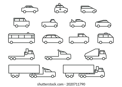 Simple line art car icons set. Universal to use in web and mobile UI, basic elements Automobile outline illustrations. Black lines isolated on white background. Sedan, van, suv, bus, truck silhouettes