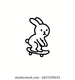 Einfache Linienkunst eines Cartoon-Kaninchens auf einem Skateboard