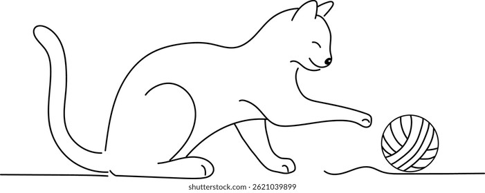 Simple line art of a cat playing with a yarn ball. Minimalist black and white illustration, perfect for coloring pages or design elements.
