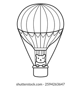 simple line art cat ride hot air balloon animal coloring book illustration