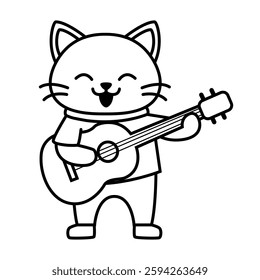 simple line art cat Singing and playing guitar animal coloring book illustration