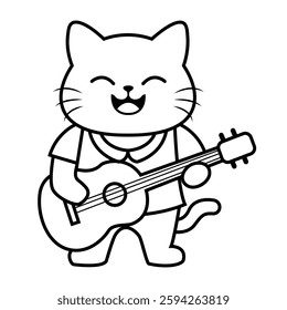 simple line art cat Singing and playing guitar animal coloring book illustration