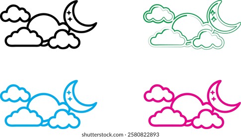 Simple line art, celestial icons, moon and stars, puffy clouds, minimalist design, colorful outlines, night sky symbols, whimsical illustration, pastel colors, kawaii style, cute astronomy motif, spar