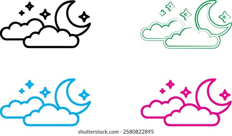 Simple line art, celestial icons, moon and stars, puffy clouds, minimalist design, colorful outlines, night sky symbols, whimsical illustration, pastel colors, kawaii style, cute astronomy motif, spar