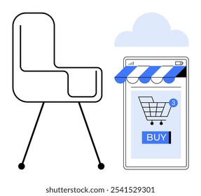 Simple line art of a chair next to a mobile phone displaying a shopping app with a cart icon and buy button. Ideal for online shopping, e-commerce, technology, mobile apps, and furniture