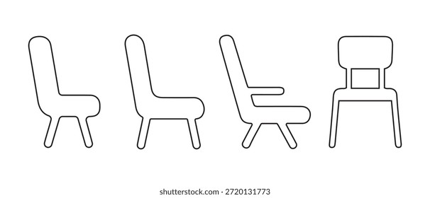 Sillas de arte de línea simple. Vistas laterales, sillón y frontal.