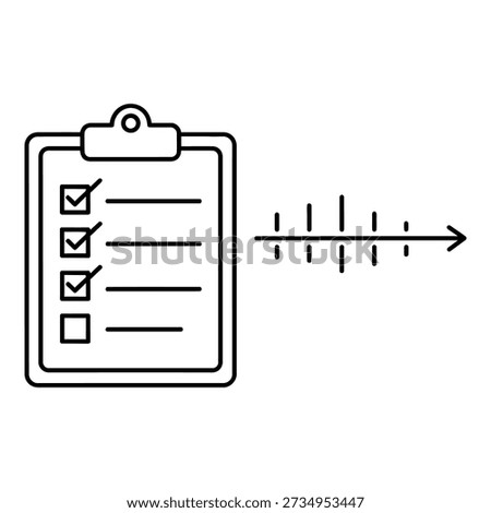 Simple line art checklist with checkboxes and tick marks on clipboard with arrow
