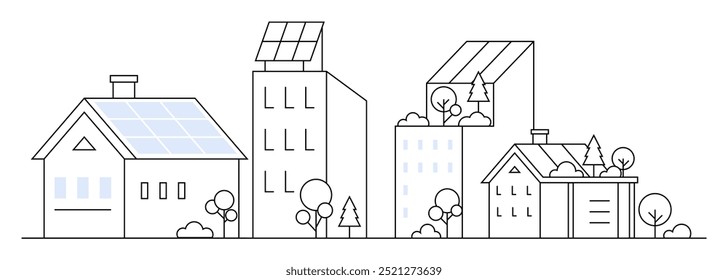 Simple line art of a cityscape exhibiting buildings with solar panels and surrounding trees. Ideal for urban design, eco-friendliness, renewable energy, modern architecture, and sustainability themes.