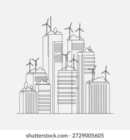Einfache Linienkunst einer Stadtlandschaft mit Windturbinen auf Dächern, die nachhaltige Stadtentwicklung und umweltfreundliche Architektur symbolisieren.