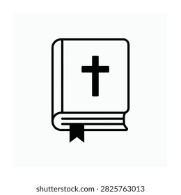 Simple line art of a closed bible with a cross on the cover page representing faith and religion