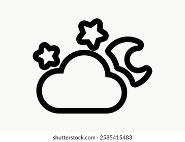 Simple line art of a cloud with stars and a crescent moon. Cloud and moon design. Night sky with stars and cloud illustration. Minimalist cloud and moon icon. User interface icon vector.