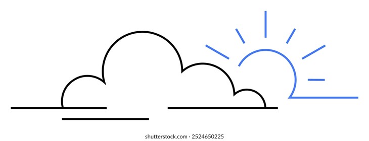 Simple line art of a cloud with sun rays. Ideal for weather forecasts, climate analysis, mobile weather apps, children s learning materials, and design projects. Minimalist style.