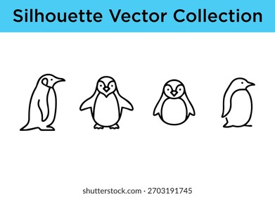 Uma simples coleção de arte de linha de quatro silhuetas de pinguins diferentes, mostrando várias poses e estilos.