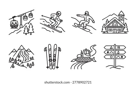 Simple line art collection of winter recreation activities including skiing and snowboarding for resort promotions.