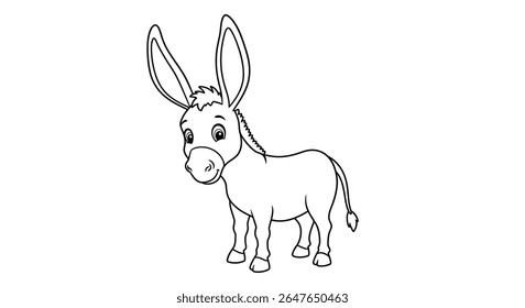 Simple line art coloring page of a friendly donkey character showcasing its large expressive ears for kids