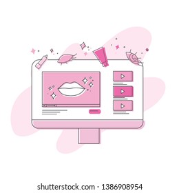 Simple line art composition of display and blogging. Makeup tutorials vector illustration. Great for web,cards etc.